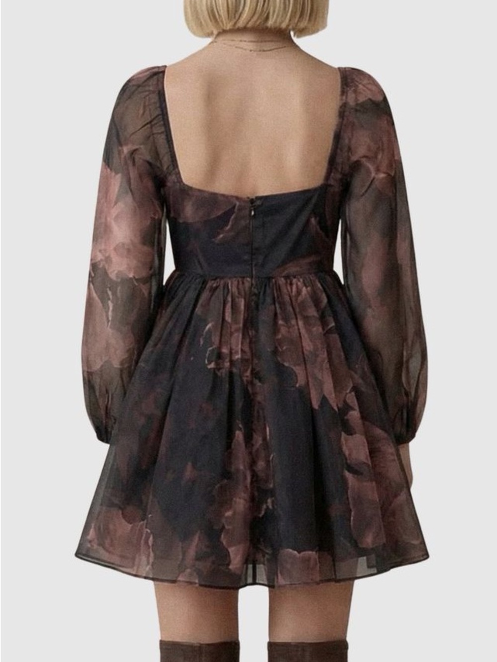 Vici Promesa Sheer Floral Puff-Sleeve Mini Dress - Black & Brown - Picture 3 of 5